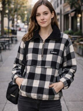Hurley Women’s Buffalo Plaid Pullover with Sherpa Collar – Size Small